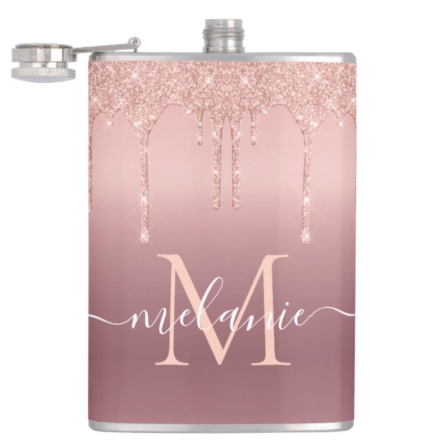 Roséguld Glittrande Flask Personlig Namn Bokstav Fickplunta (Öppnad)