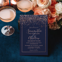 Roséguld konfetti marinblå typografi bröllop
