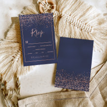 Roséguld konfetti marinblå typografi rsvp