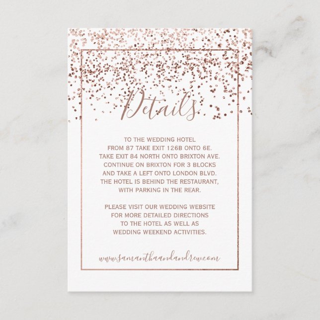 Roséguld konfetti med vita typografidetaljer tilläggskort (Framsida)
