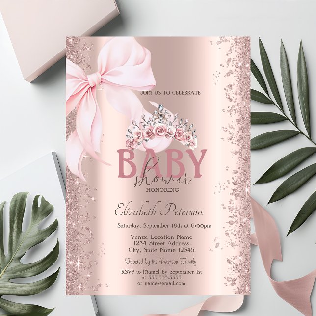 Roséguld Konfetti Rosa Båge Kronan Baby Shower Inbjudningar (Skapare uppladdad)