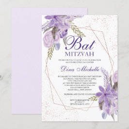 Roséguld lila blomster vattenfärg Bat Mitzvah Inbjudningar