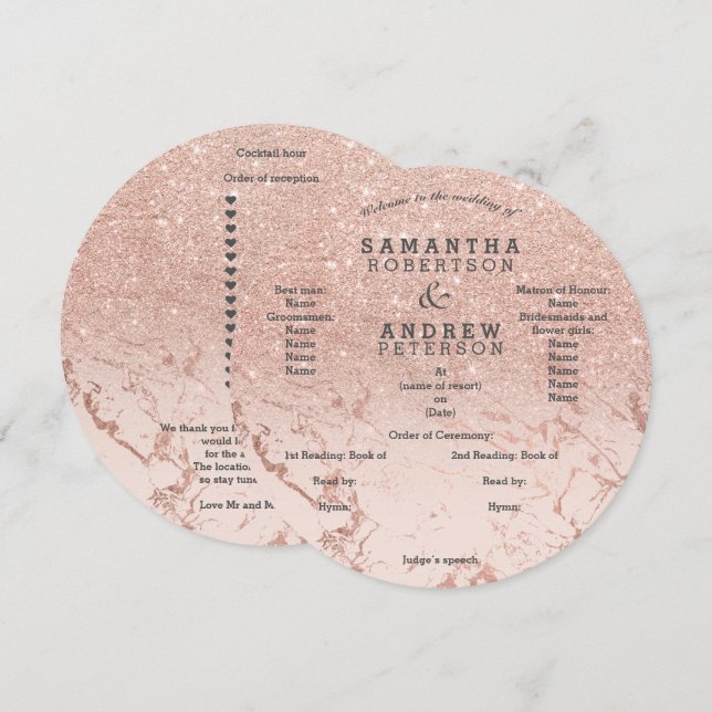 Roséguld marmor glitter ombre bröllopsprogram inbjudningar (Fram/baksida)