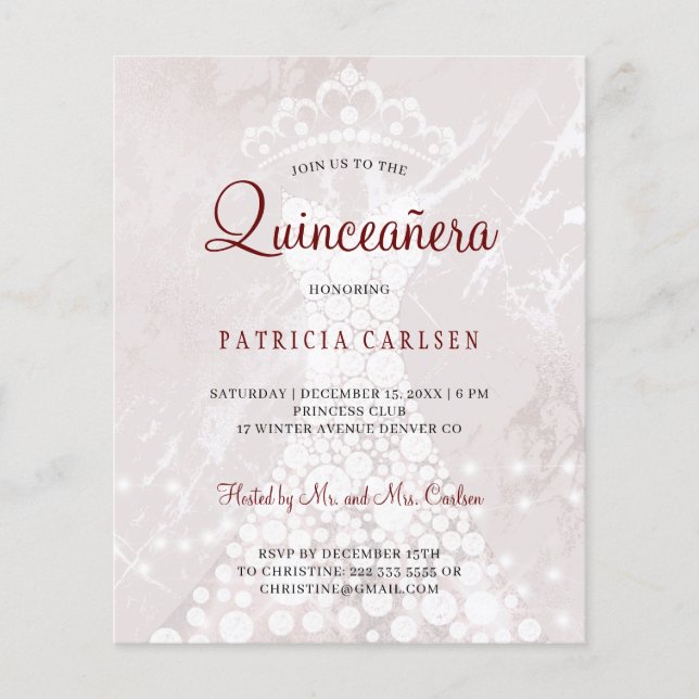 Roséguld modern budget quinceañera inbjudan (Framsida)