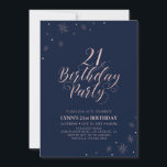 Roséguld | Modern typografi 21:a födelsedag Party Inbjudningar<br><div class="desc">Låt oss fira 21:a årsdagen med den här snyggten-festinbjudan. Den här designen har typografi av chic guld på fram- och gnistra med ett foto på baksidan. Ersätt exempelfotot med ditt eller radera det om du inte vill ha det. Bakgrunden till färg är mörk blått, men du kan gärna ändra den....</div>