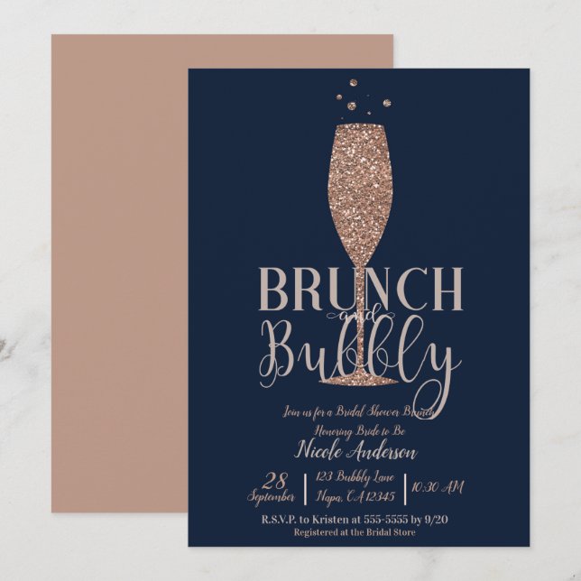 Roseguld Navy Champagne Prickig Bröllopsbrunch Inbjudningar (Fram/baksida)