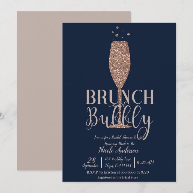 Roseguld Navy Champagne Prickig Bröllopsbrunch Inbjudningar (Fram/baksida)