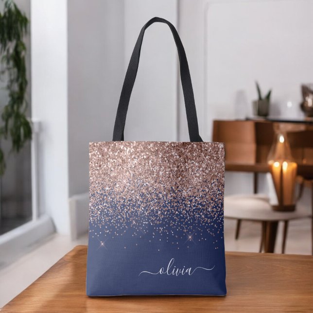 Roséguld Navyblå Glitter Monogram Tygkasse (Skapare uppladdad)