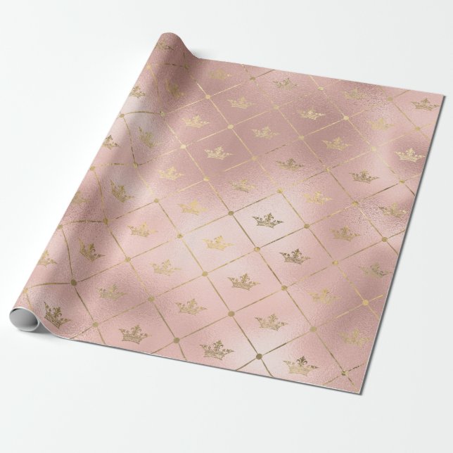 Roséguld och pastellrosa kronmönster presentpapper (Utrullad)