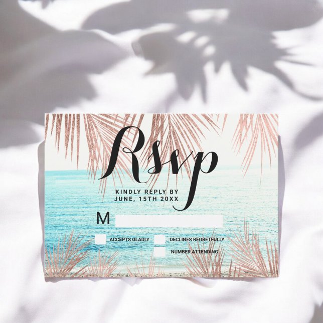 Roséguld palmtree strand foto RSVP bröllop Inbjudningar (Rose gold palm tree beach photo RSVP wedding Invitation)