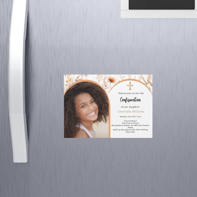 Roséguld persika blommig fotobåge Bekräftelse Magnetisk Inbjudningskort (Skapare uppladdad)