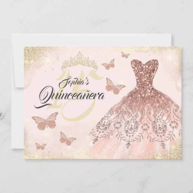 Roséguld Quinceanera fjärilsklänning Inbjudningar (Framsida)