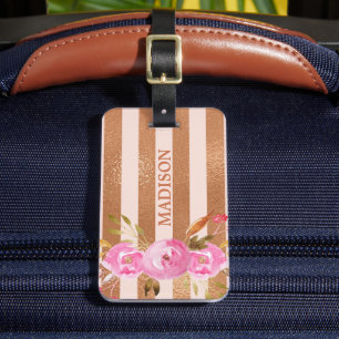 Roséguld Randig Monogram Namn Blommig Bagagebricka