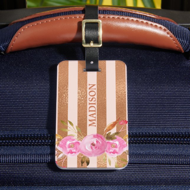 Roséguld Randig Monogram Namn Blommig Bagagebricka (Framsida Insitu 2)
