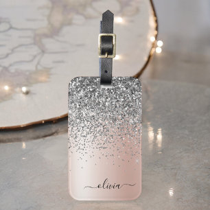 Roséguld - Röda Rosa Silver Glitter Monogram Bagagebricka