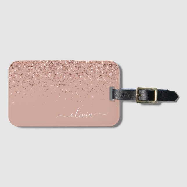 Roséguld Rodnad Rosa Flickaktig Glitter Monogram Bagagebricka (Framsida horisontal)