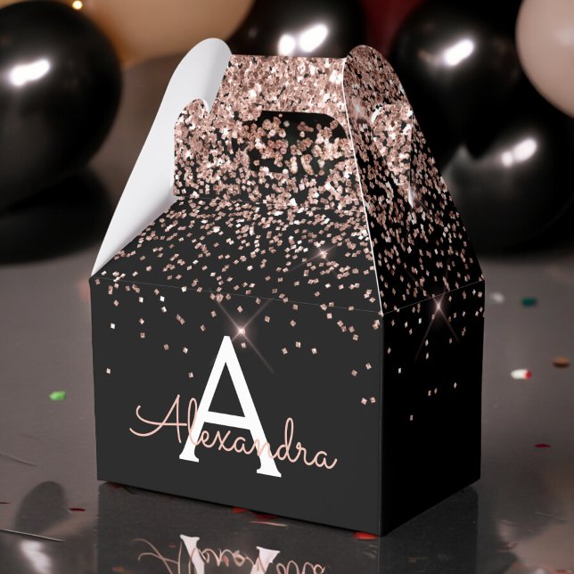 Roséguld Rodnad Rosa Svart Glitter Monogram Presentaskar (Skapare uppladdad)