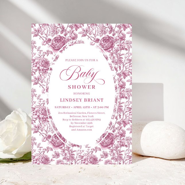 Roséguld Rodnad Toalettrosor Blommig Bebis Shower Inbjudningar (Rose Gold Blush Toile Roses Floral Baby Shower Invite)
