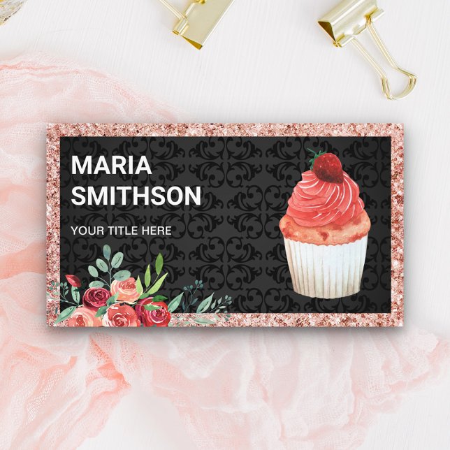 Roséguld Rosa Blommig Jordgubb Cupcake Bageri Visitkort (Skapare uppladdad)