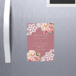 Roséguld rosa blomsterbroderi lyxigt bröllop magnetisk inbjudningskort