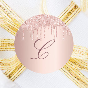 Roséguld rosa droppande monogram initial runt klistermärke