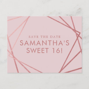 Roséguld Rosa Geometrisk Sweet 16 Spara Datumet Meddelande Vykort