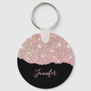 Roséguld Rosa Glitter Agat Anpassat Namn Monogram Nyckelring
