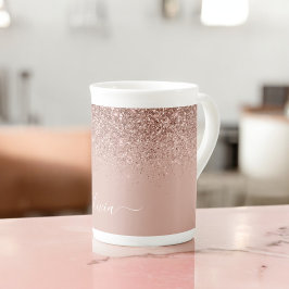 Roséguld Rosa Glitter Girlig Monogram Namn Benporslin Mugg