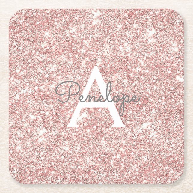 Roséguld Rosa Glitter Glans Monogram Underlägg Papper Kvadrat (Framsidan)