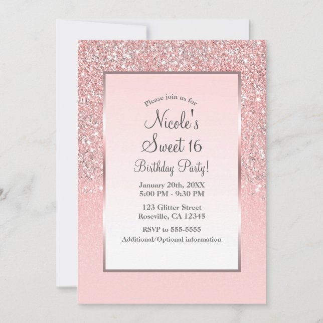 Roséguld Rosa Glitter Glans Sweet 16-fest Inbjudningar (Framsida)