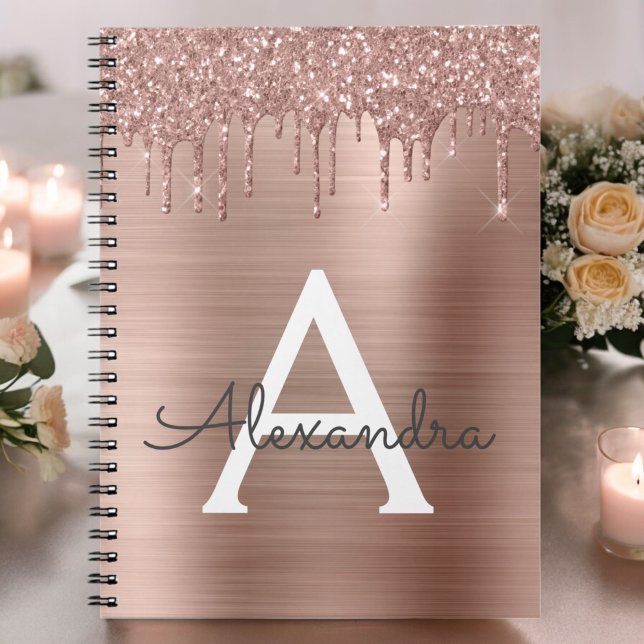 Roséguld - Rosa Glitter Metall Monogram Namn Anteckningsbok (Skapare uppladdad)