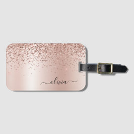 Roséguld - Rosa Glitter Metall Monogram Namn Bagagebricka