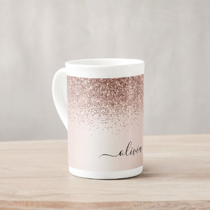 Roséguld - Rosa Glitter Metall Monogram Namn Benporslin Mugg