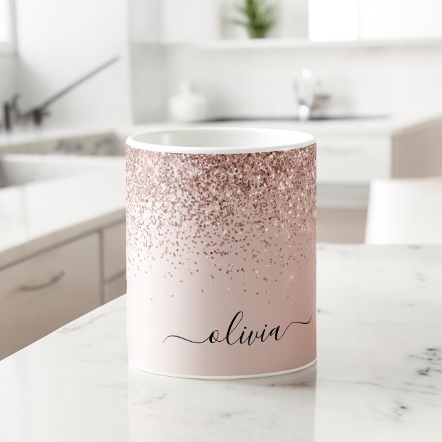 Roséguld - Rosa Glitter Metallisk Monogram Namn Jumbo Mugg (Skapare uppladdad)