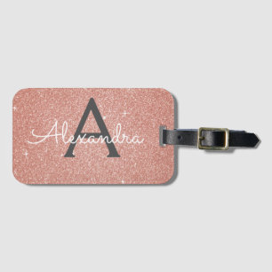 Roséguld Rosa Glitter Monogramnamn Bagagebricka