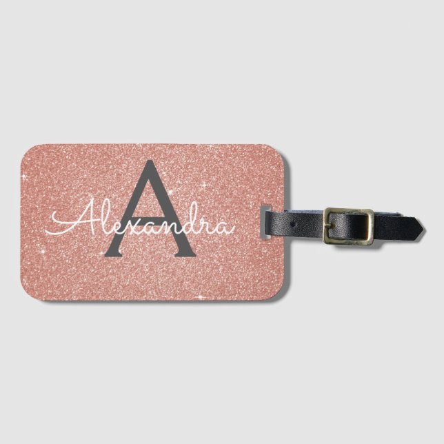 Roséguld Rosa Glitter Monogramnamn Bagagebricka (Framsida horisontal)