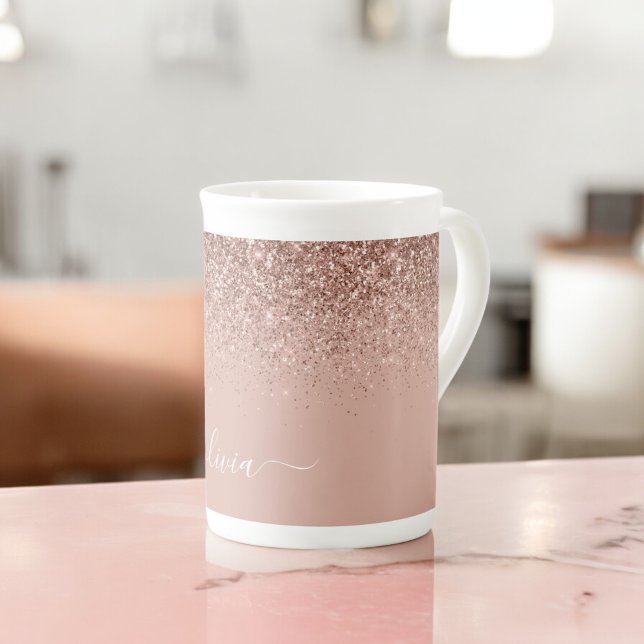 Roséguld Rosa Glitter Monogramnamn Benporslin Mugg (Skapare uppladdad)