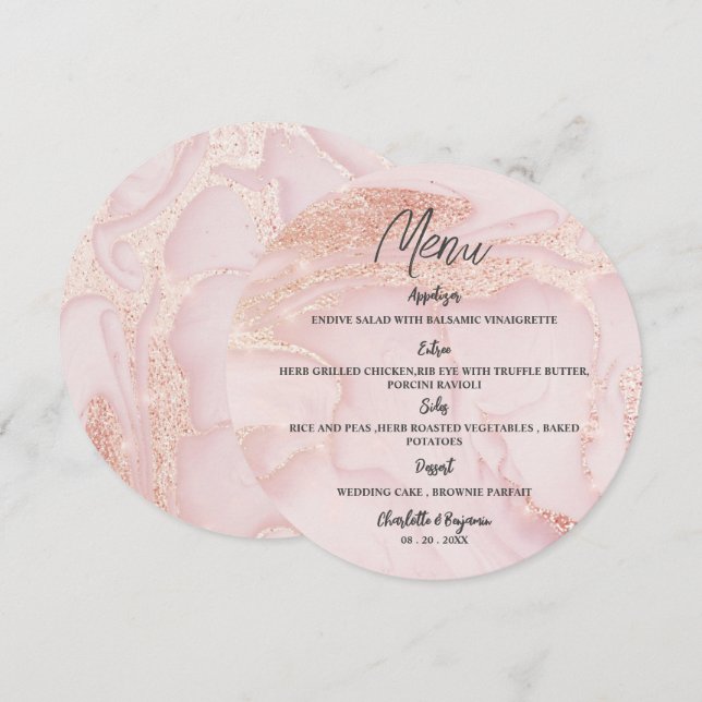 Roséguld Rosa Glitter Rund Bröllop Meny (Fram/baksida)