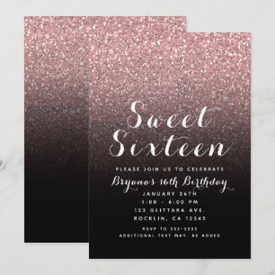 Roséguld Rosa Glitter & Svart Sweet 16-fest Inbjudningar