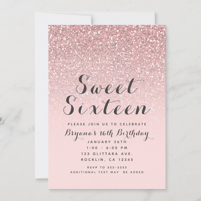 Roséguld Rosa Glitter Sweet 16-fest Inbjudningar (Framsida)