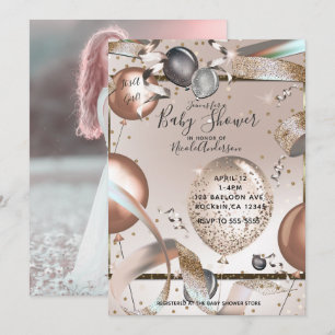 Roséguld Rosa Glitterballonger Baby Shower Foto Inbjudningar