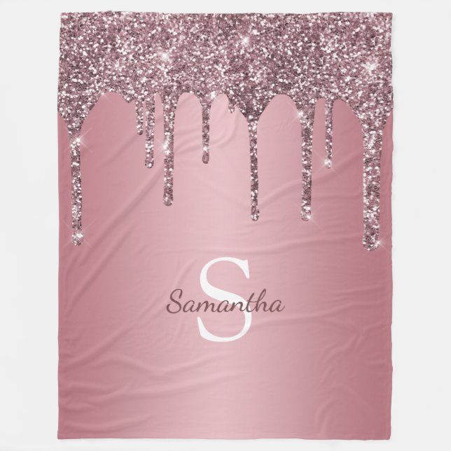 Roséguld Rosa Glitterdroppar Glitter Monogram Namn Fleecefilt (Framsidan)