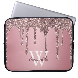 Roséguld Rosa Glitterdroppar Glitter Monogram Namn Laptop Fodral