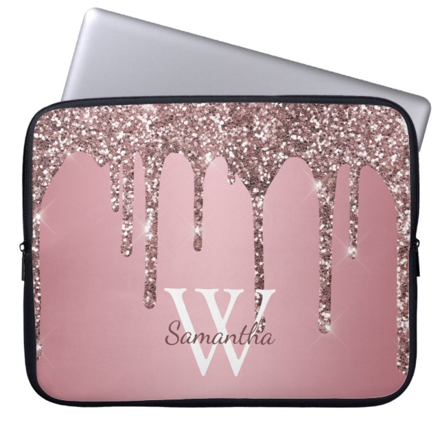 Roséguld Rosa Glitterdroppar Glitter Monogram Namn Laptop Fodral (Framsidan)