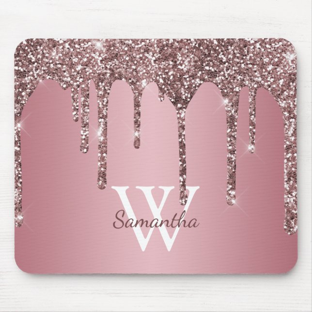 Roséguld Rosa Glitterdroppar Glitter Monogram Namn Musmatta (Framsidan)