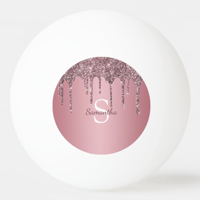 Roséguld Rosa Glitterdroppar Glitter Monogram Namn Pingisboll (Framsidan)