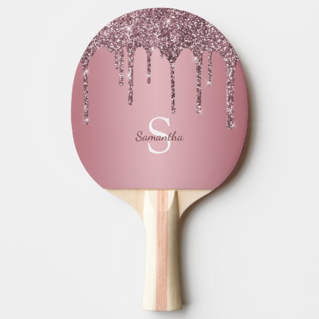 Roséguld Rosa Glitterdroppar Glitter Monogram Namn Pingisracket (Framsidan)