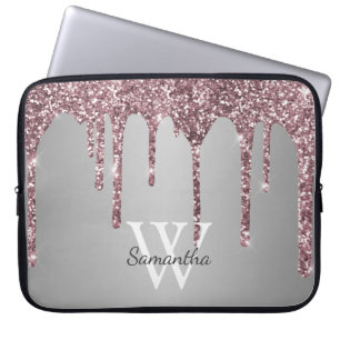 Roséguld Rosa Glitterdroppar Silver Monogram Namn Laptop Fodral
