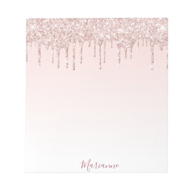 Roséguld rosa glitterdroppnamn anteckningsblock (Framsida)
