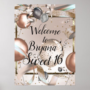 Roséguld Rosa Glittrande Ballonger Födelsedag Skyl Poster